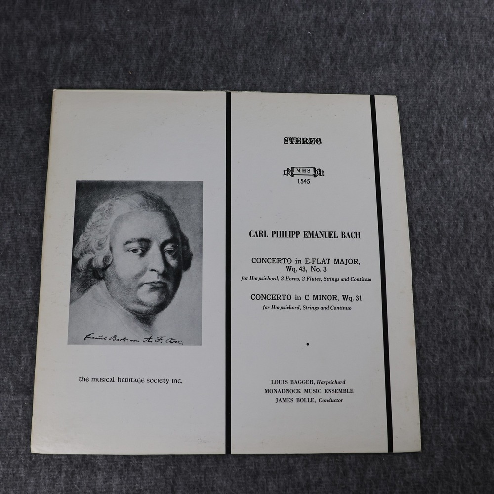 C.P.E. Bach Vinyl Record Concertos Wq 43 No 3 Wq 31 MHS 1545 12" Stereo Black